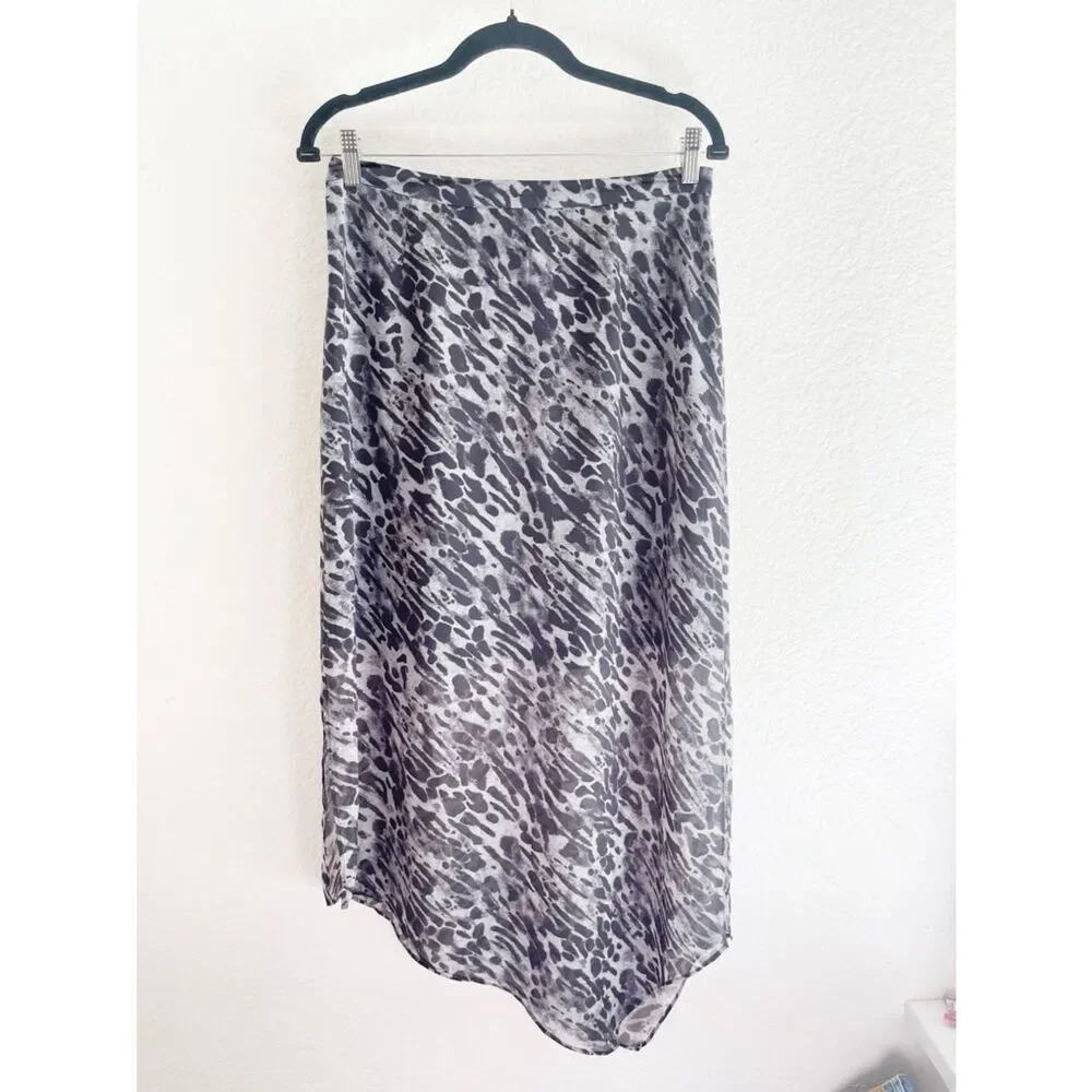 AllSaints Rhea animal print slip skirt.  Sheer Asymmetric Hem Black/Gray